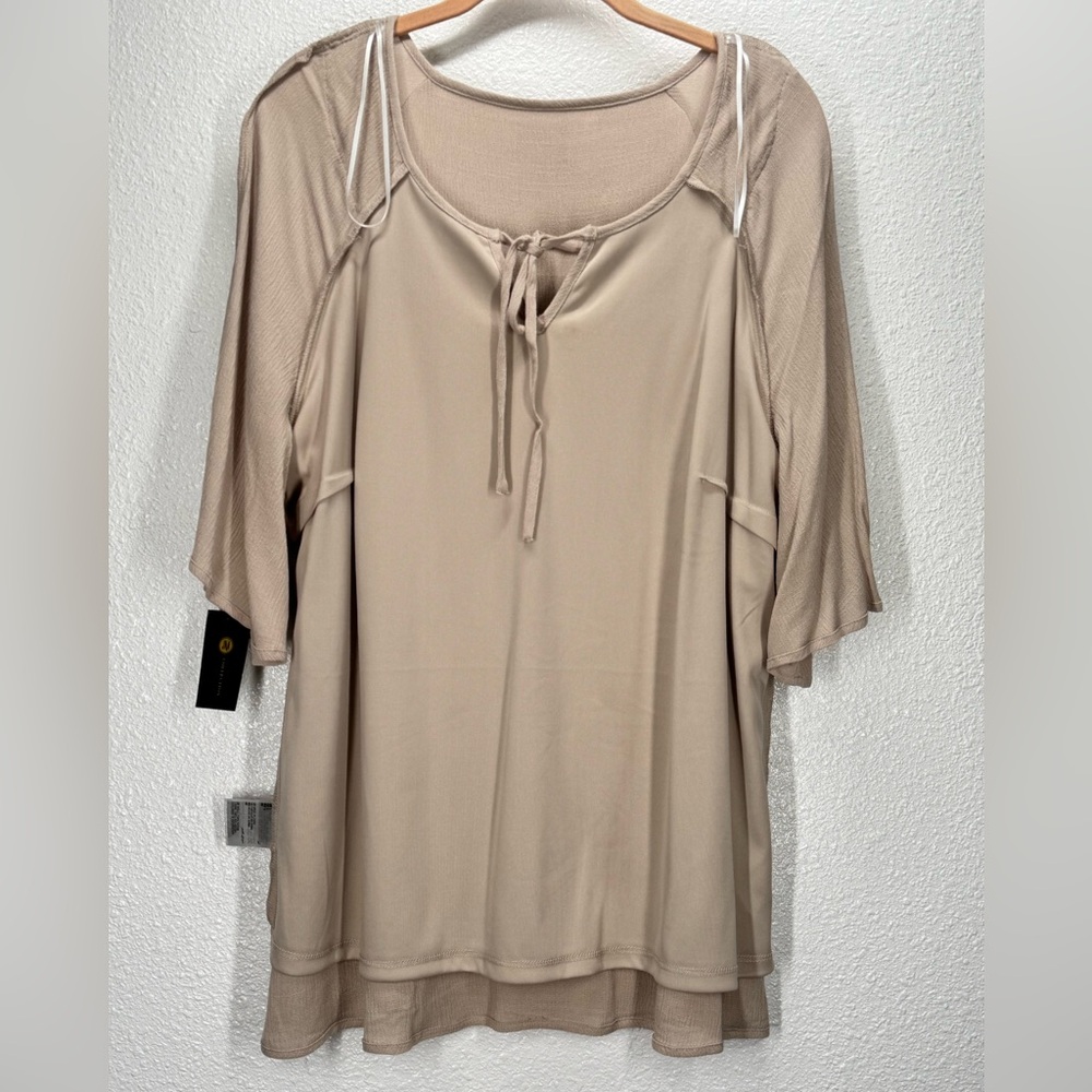 JM Collection Beige Tunic with Lace Accent Short Sleeve Large - Picture 7 of 9